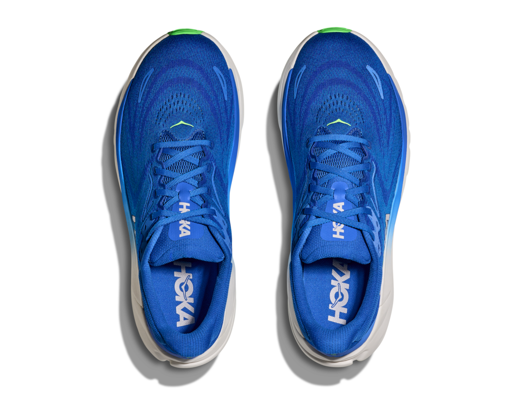 HOKA Arahi 8 Herren Laufschuh in Blau mit weißer Sohle und grünen Akzenten, Oberseite