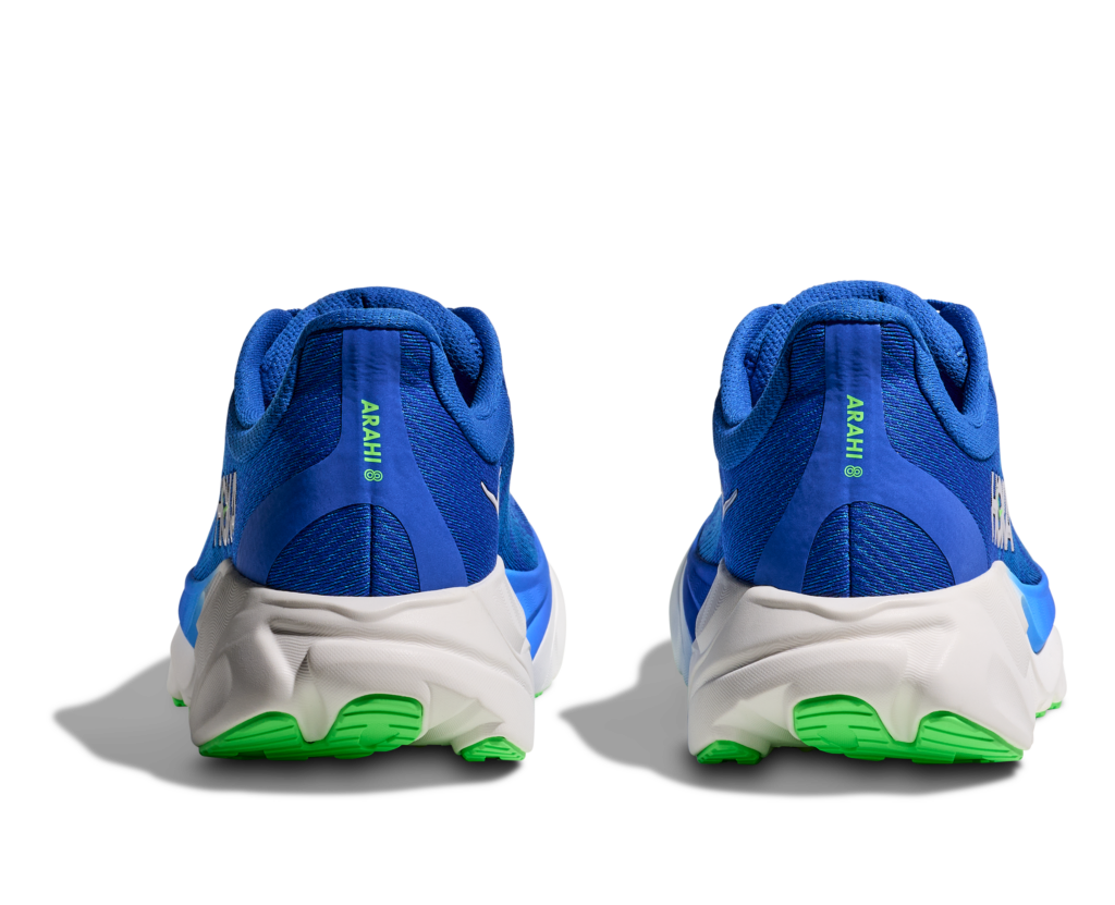 HOKA Arahi 8 Herren Laufschuh in Blau mit weißer Sohle und grünen Akzenten, Rückseite