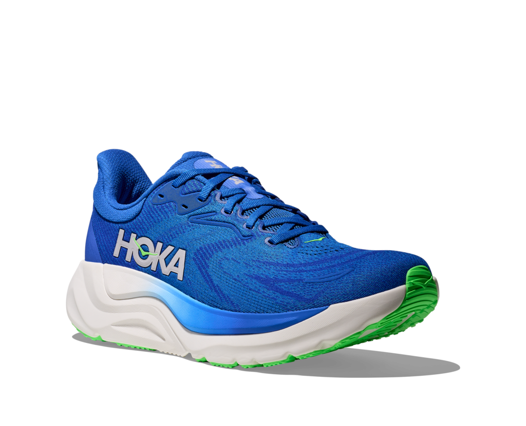 HOKA Arahi 8 Herren Laufschuh in Blau mit weißer Sohle und grünen Akzenten, Außenseite