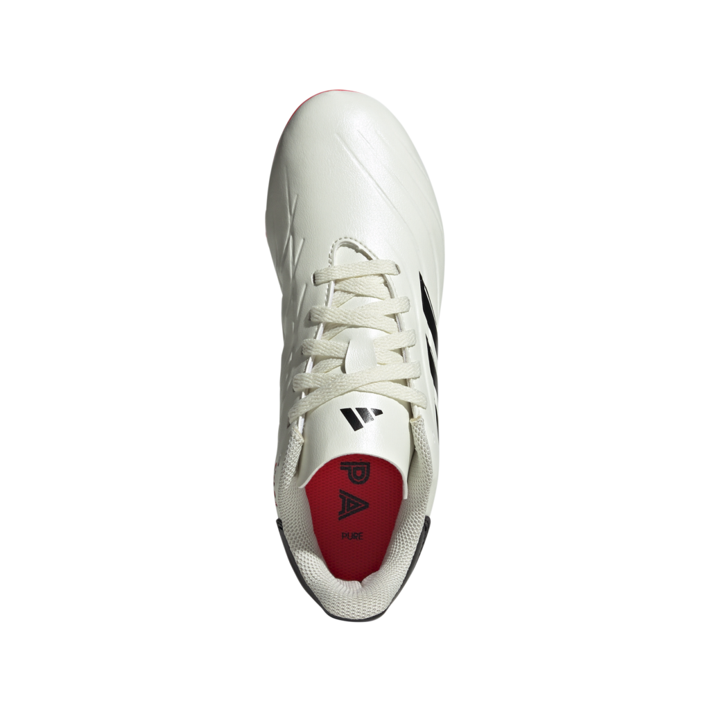 adidas Copa Pure 2 Club FxG Kinder-Fußballschuh in Cremeweiß/Rot – oben