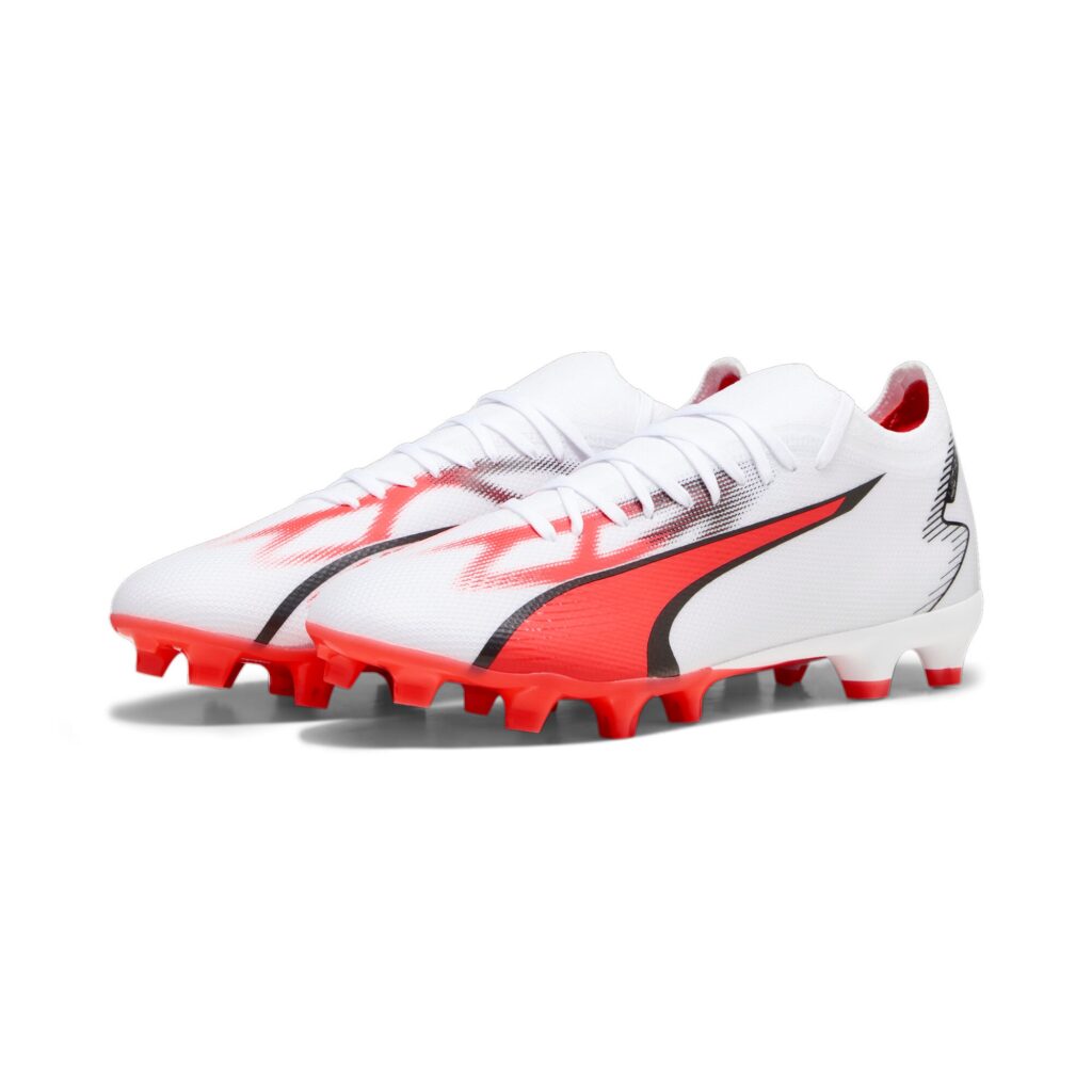 Puma Ultra Match FG/AG Fußballschuh in Weiß/Rot – Frontalansicht-paar