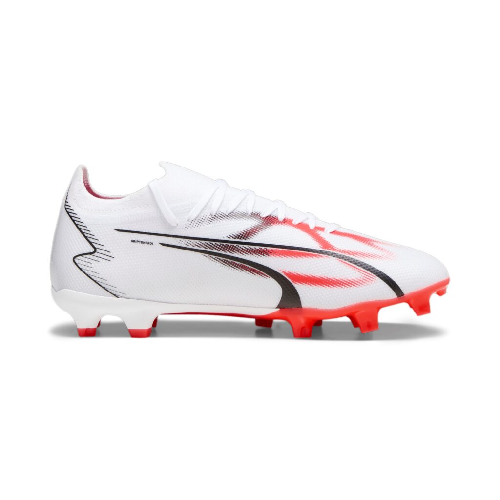 Puma Ultra Match FG/AG Fußballschuh in Weiß/Rot – Seitenansicht