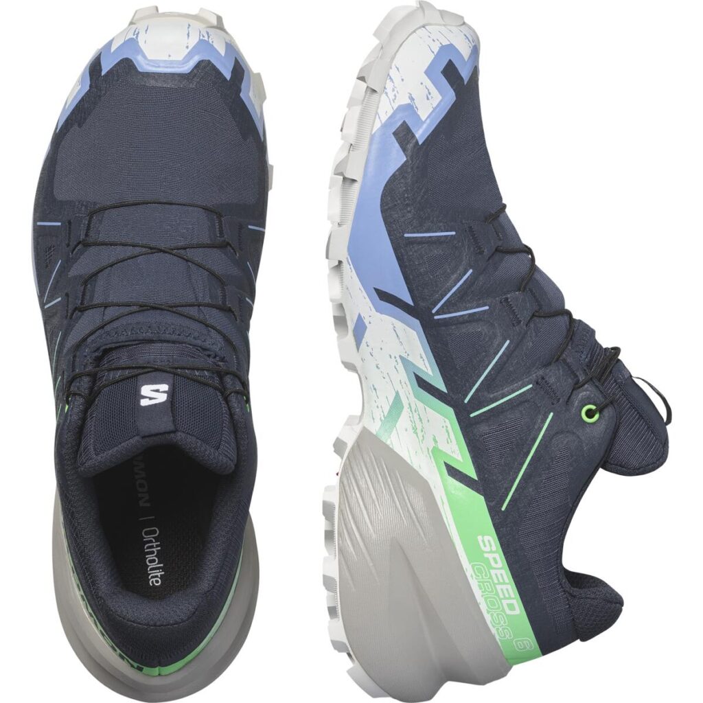 Salomon Speedcross 6 GTX Damen-Trailrunningschuh in Dunkelblau/Grün – Oberseite und Seitenansicht