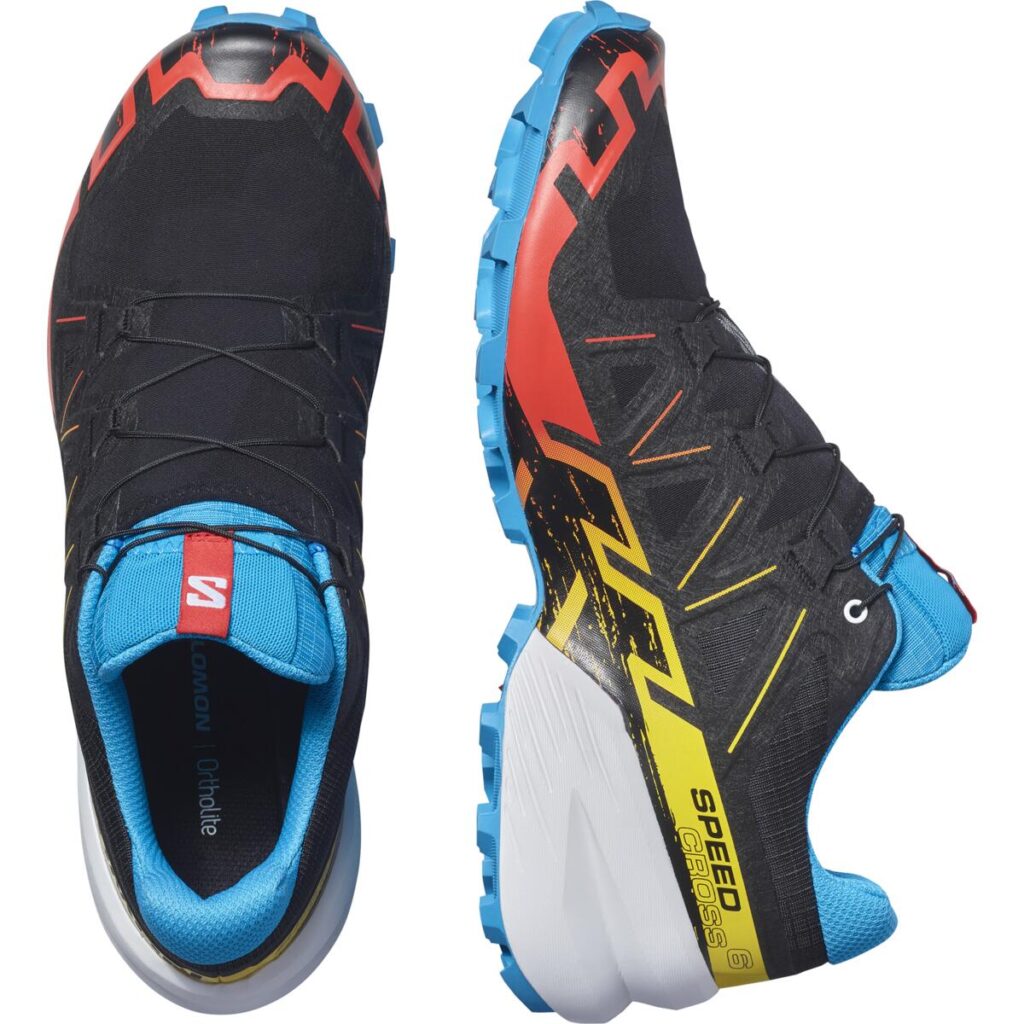 Salomon Speedcross 6 Herren-Trailrunningschuh in Schwarz/Blau/Rot – Oberseite und Seitenansicht