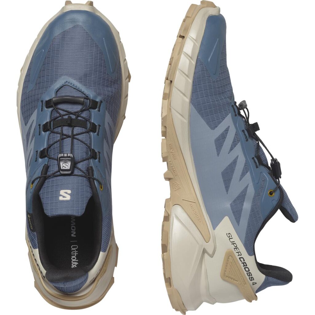 Salomon Supercross 4 GTX Herren-Trailrunningschuh in Blau/Beige – Oberseite und Seitenansicht