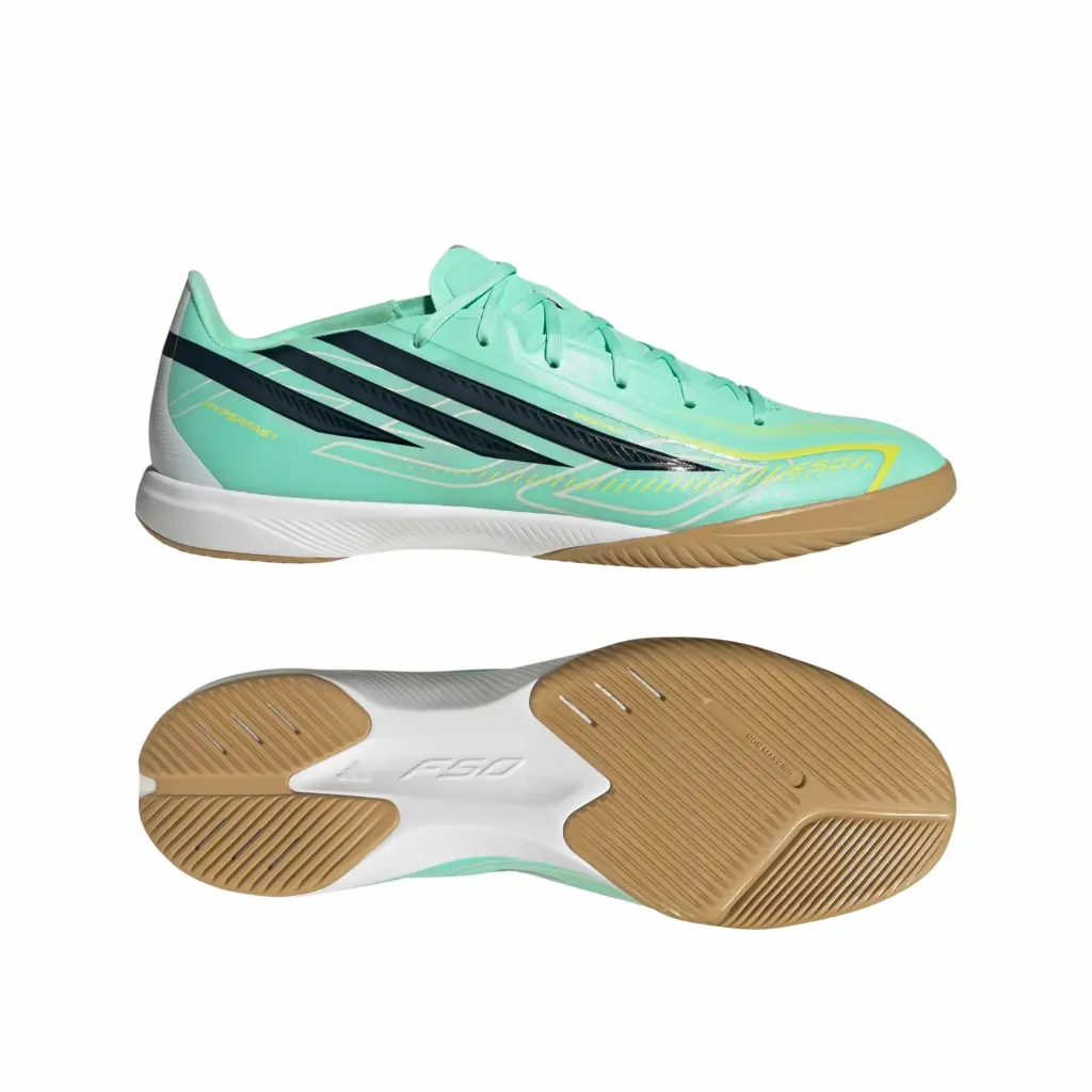 Adidas Hallenschuh F50 Hyperfast League IN türkis Seitenansicht und Sohle