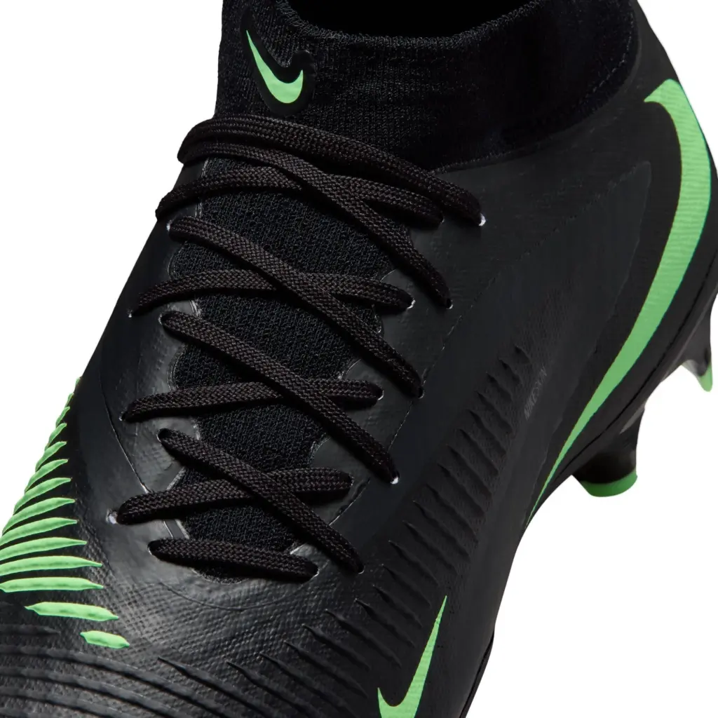 Nike Phantom 6 High Academy FG/MG schwarz-grün – Detailansicht Schnürung und Obermaterial