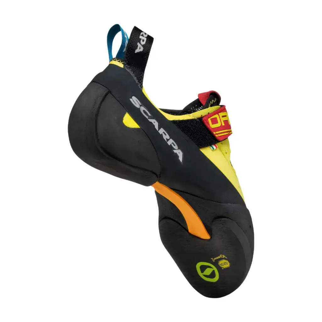 Scarpa Drago gelb schwarz Kletterschuh Detailansicht von Aussen