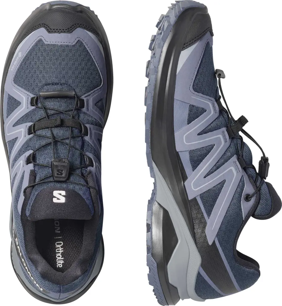 Salomon Examotion GTX Damen blau Laufschuh, Oberseite und seitliche Ansicht