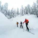 Drei Skitourengeher mit Tourenski und Rucksack beim Aufstieg durch tief verschneiten Winterwald