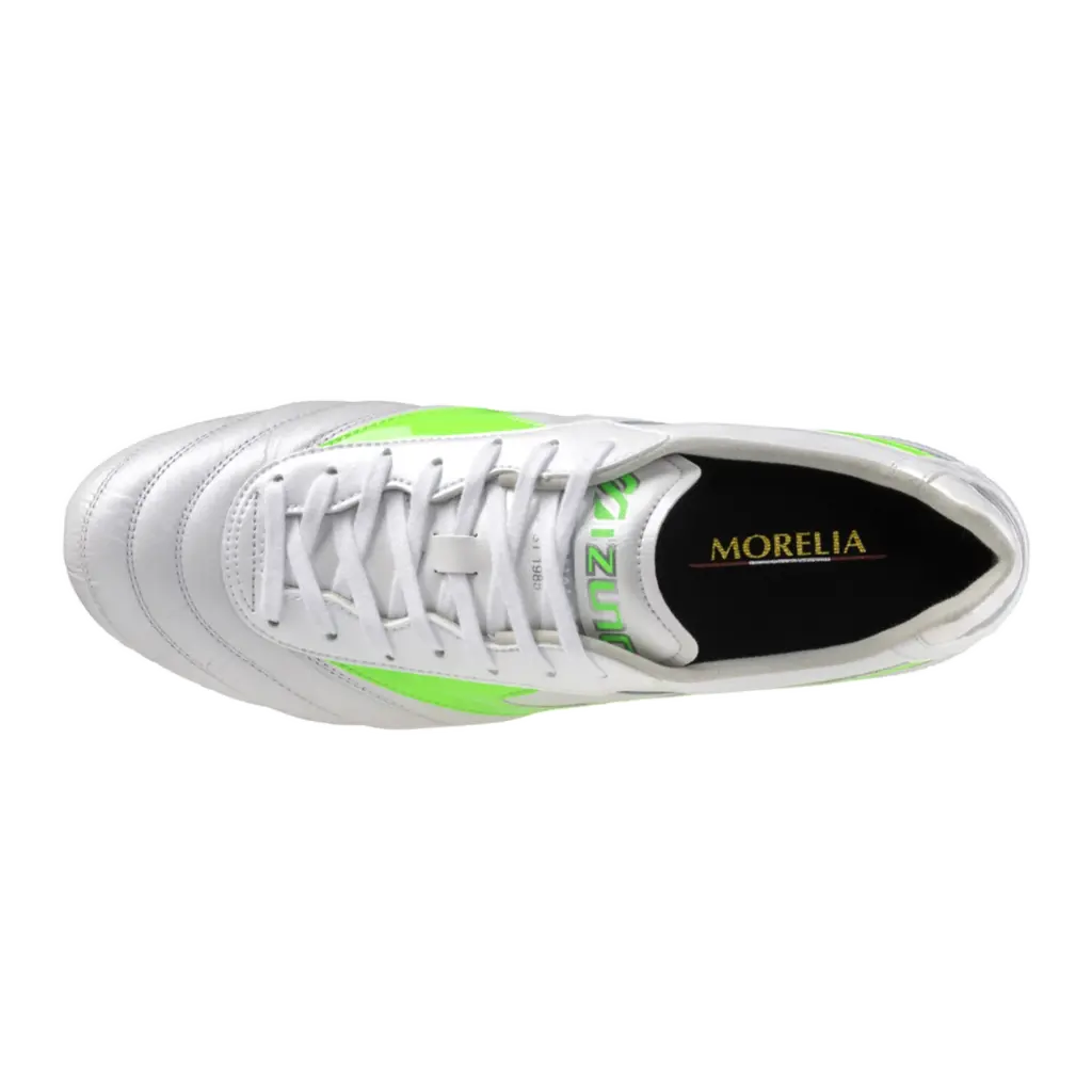 Mizuno Morelia 2 Elite weiß-grün Fußballschuh, Draufsicht mit Schnürung