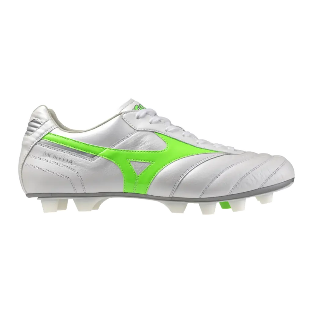 Mizuno Morelia 2 Elite weiß-grün Fußballschuh, seitliche Ansicht
