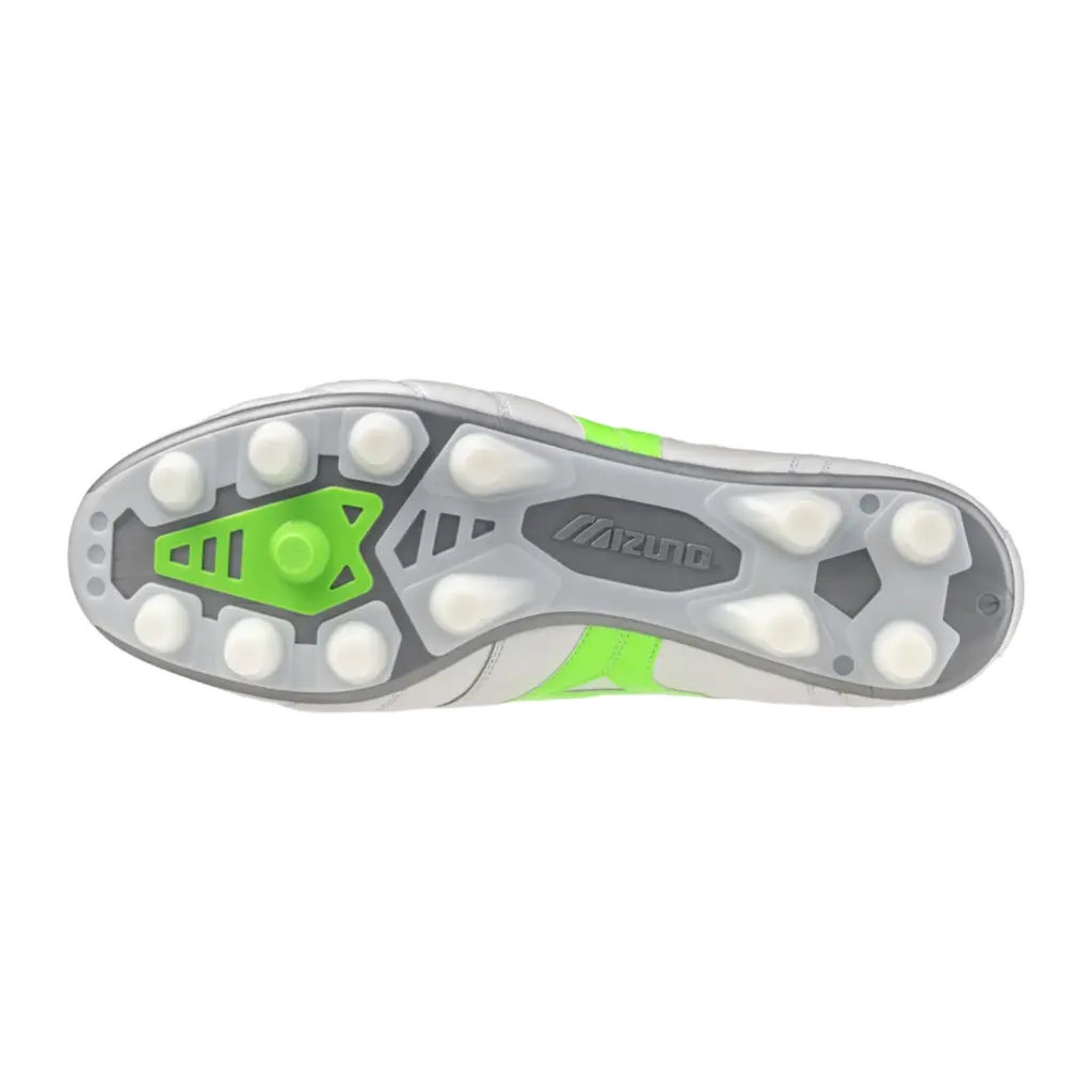 Mizuno Morelia 2 Elite weiß-grün Fußballschuh, Sohlenansicht für Naturrasen